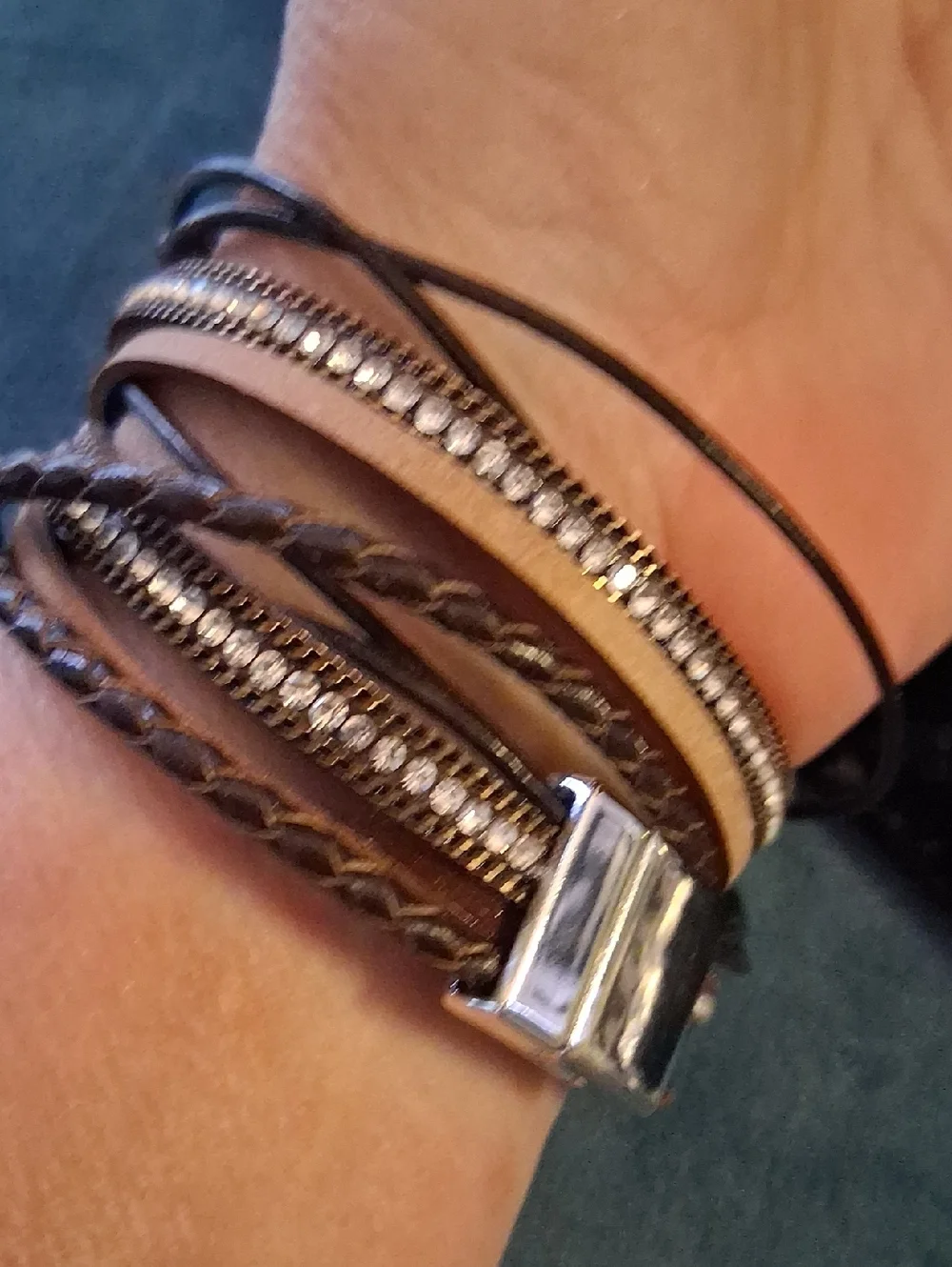 Express Brown Multi-Strand Leather Wrap Bracelet with Pearls and Rhinestones
